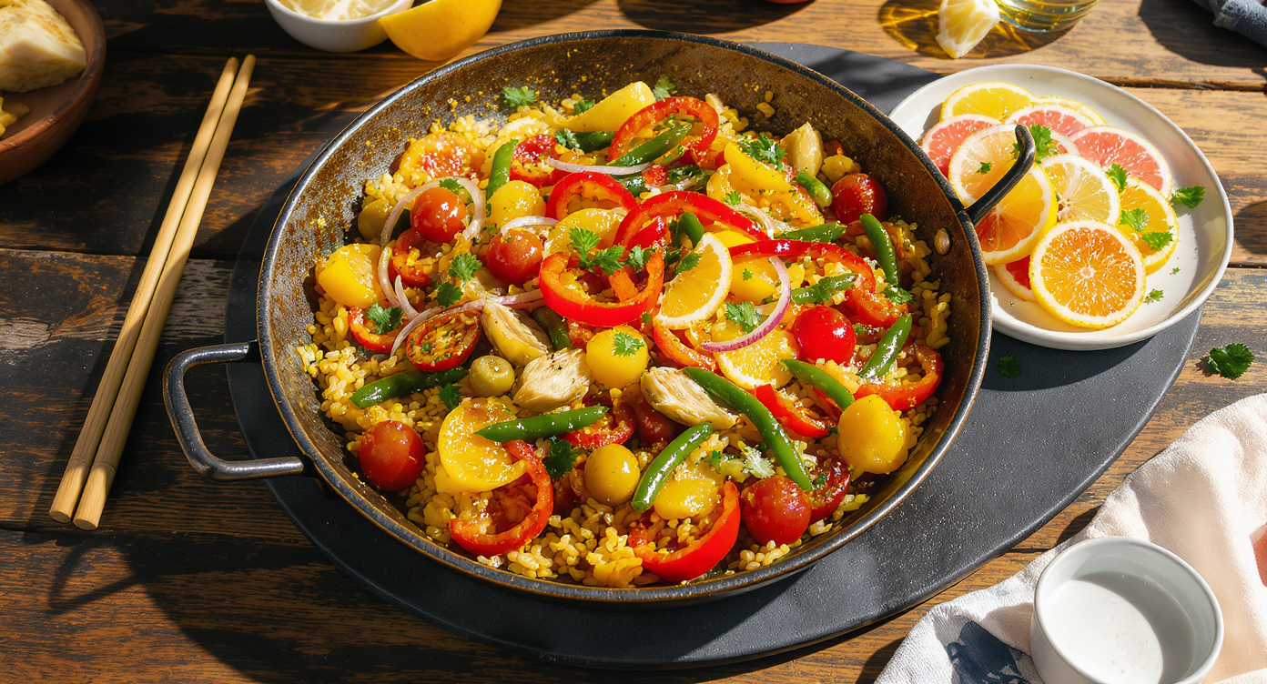 Boogaloo Commune Veggie Paella with Salsa Verde & California Citrus Salad