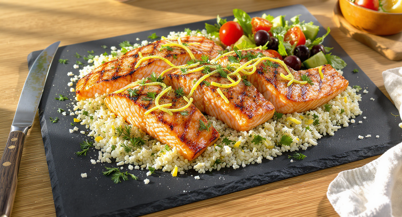 Mediterranean Grilled Salmon Platter with Herbed Cauliflower Rice