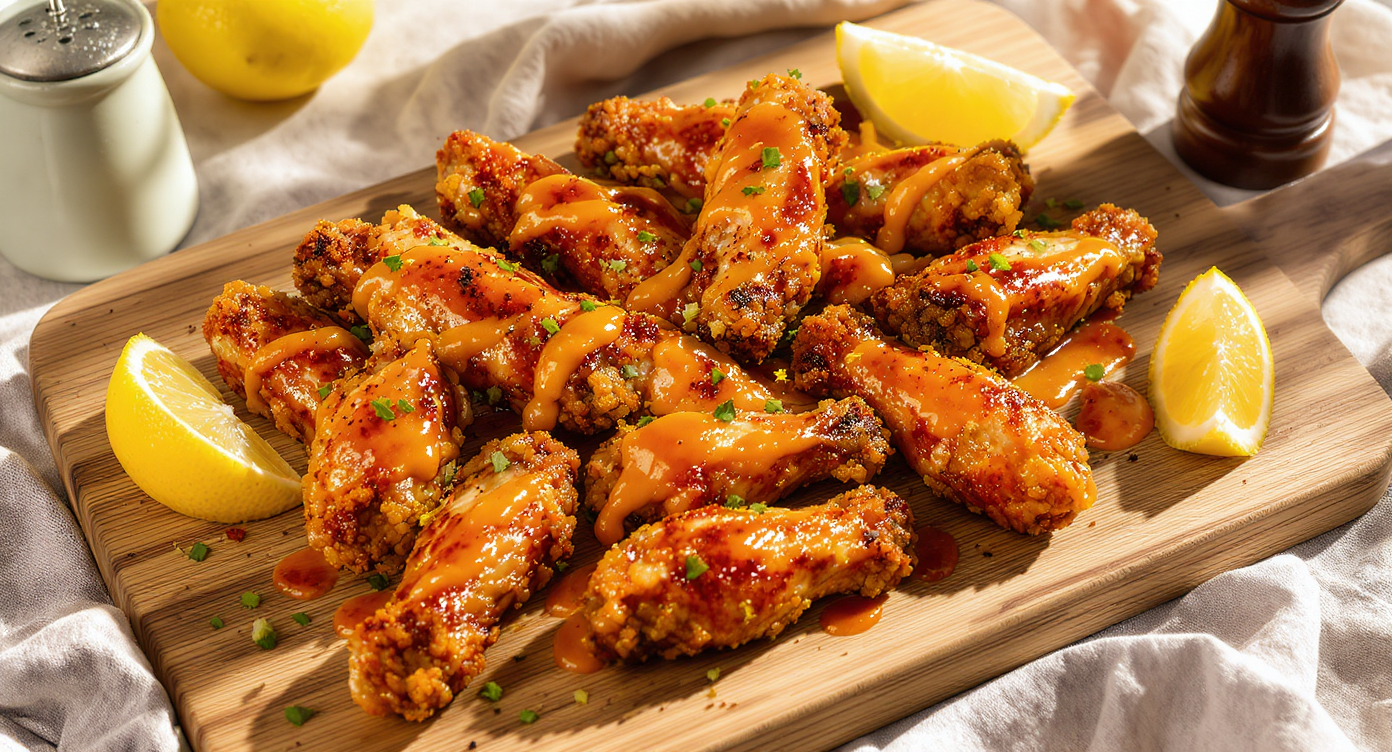 Crispy Baked Chicken Wings with Lemon-Honey Hot Sauce