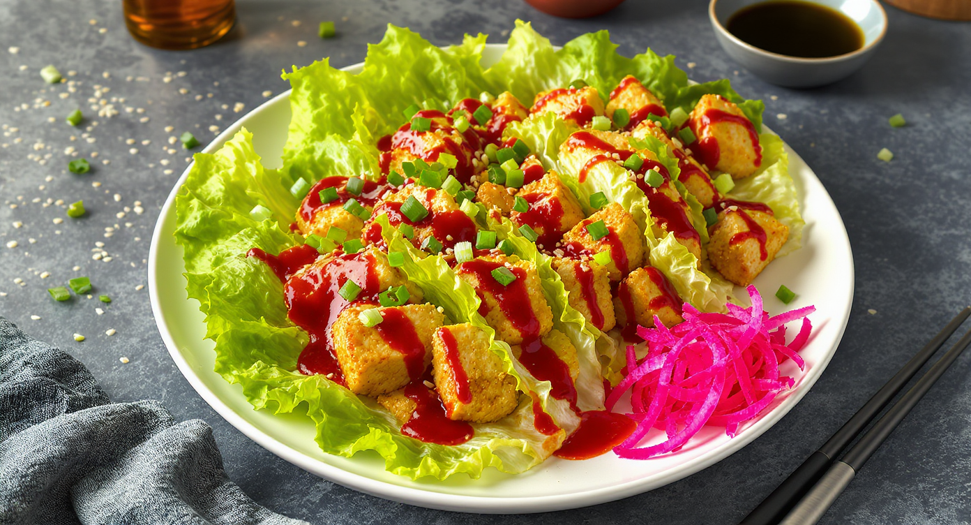 Korean Crispy Tofu Lettuce Wraps with Gochujang Glaze