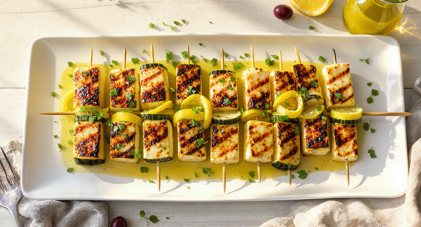Grilled Halloumi & Zucchini Skewers with Lemon-Oregano Vinaigrette
