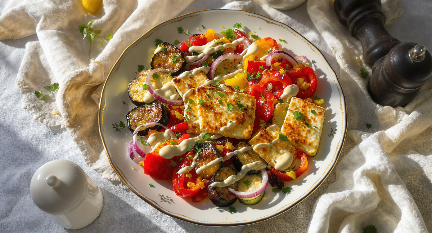 Mediterranean Roasted Vegetable & Halloumi Platter with Herby Tahini Drizzle