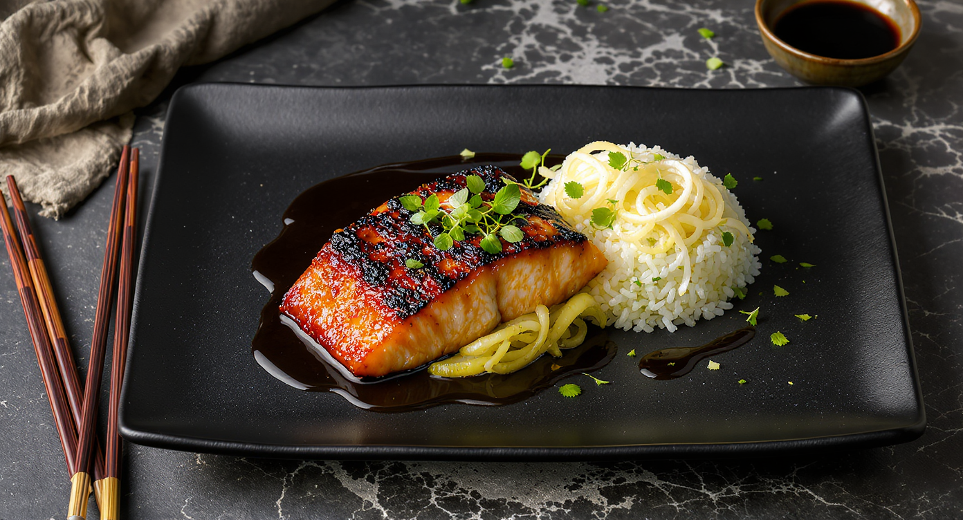 Japanese Miso-Glazed Black Cod with Pickled Daikon & Shiso Rice