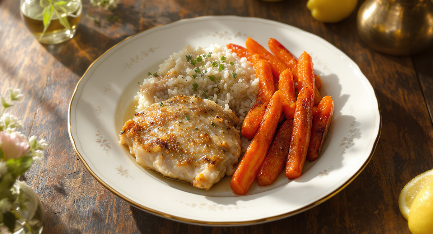 Garlic-Brined Chicken Thighs with Herbed Rice and Roasted Carrots