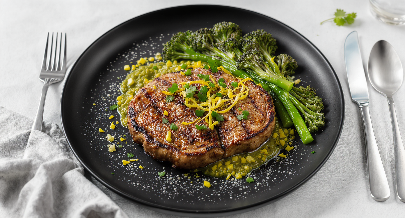 Filet Mushroom Award: Grilled King Oyster “Steak” with Charred Broccolini & Lemon-Garlic Gremolata