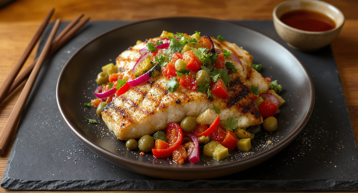 Boogaloo Night Grilled Fish Veracruzana with Charred Veg Salsa