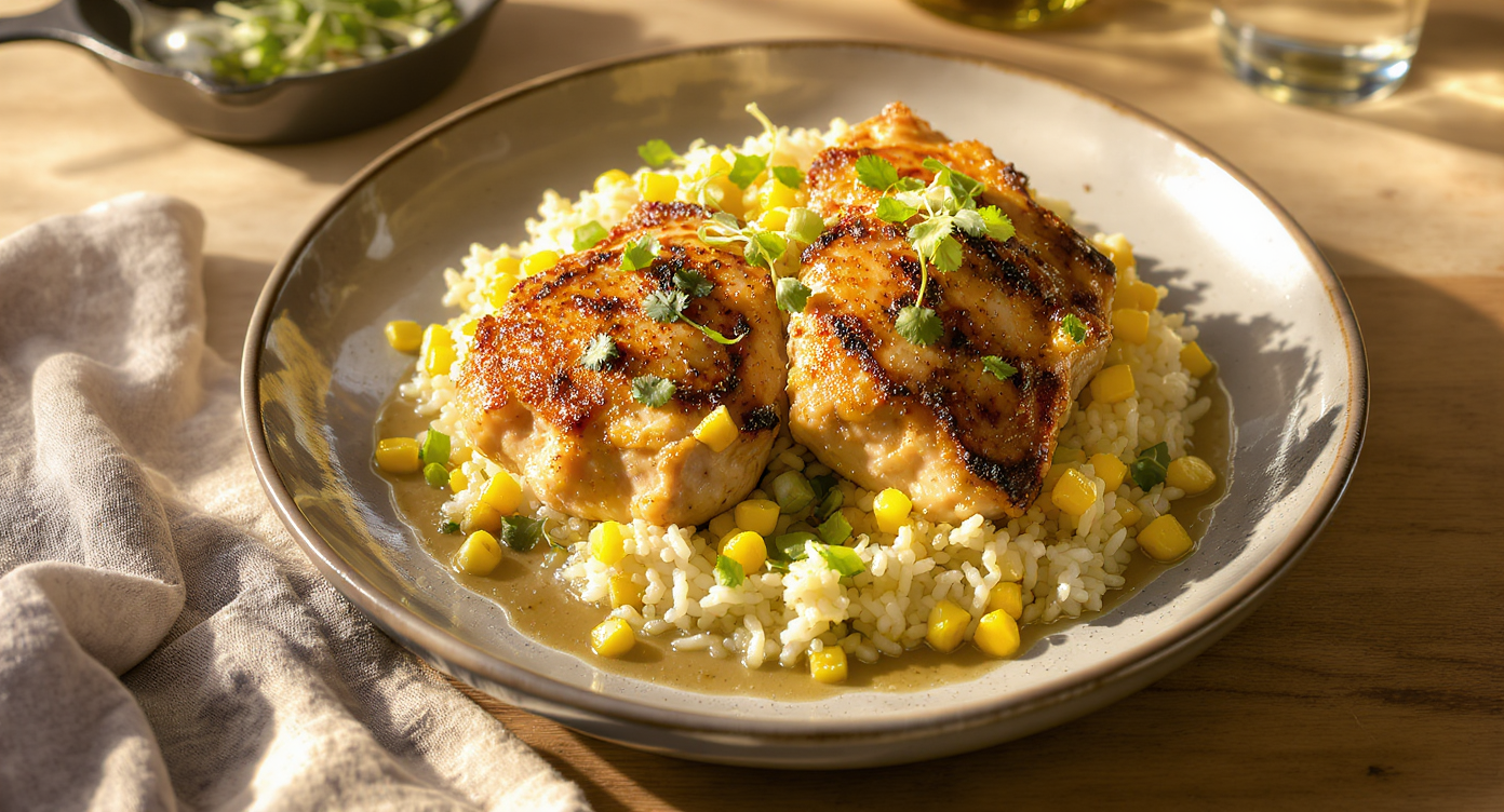 Seared Chicken Thighs with Garlic Butter Rice & Charred Corn