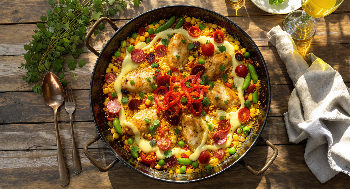 Boogaloo-Inspired Communal Paella with California Summer Veggies & Spicy Citrus Mojo