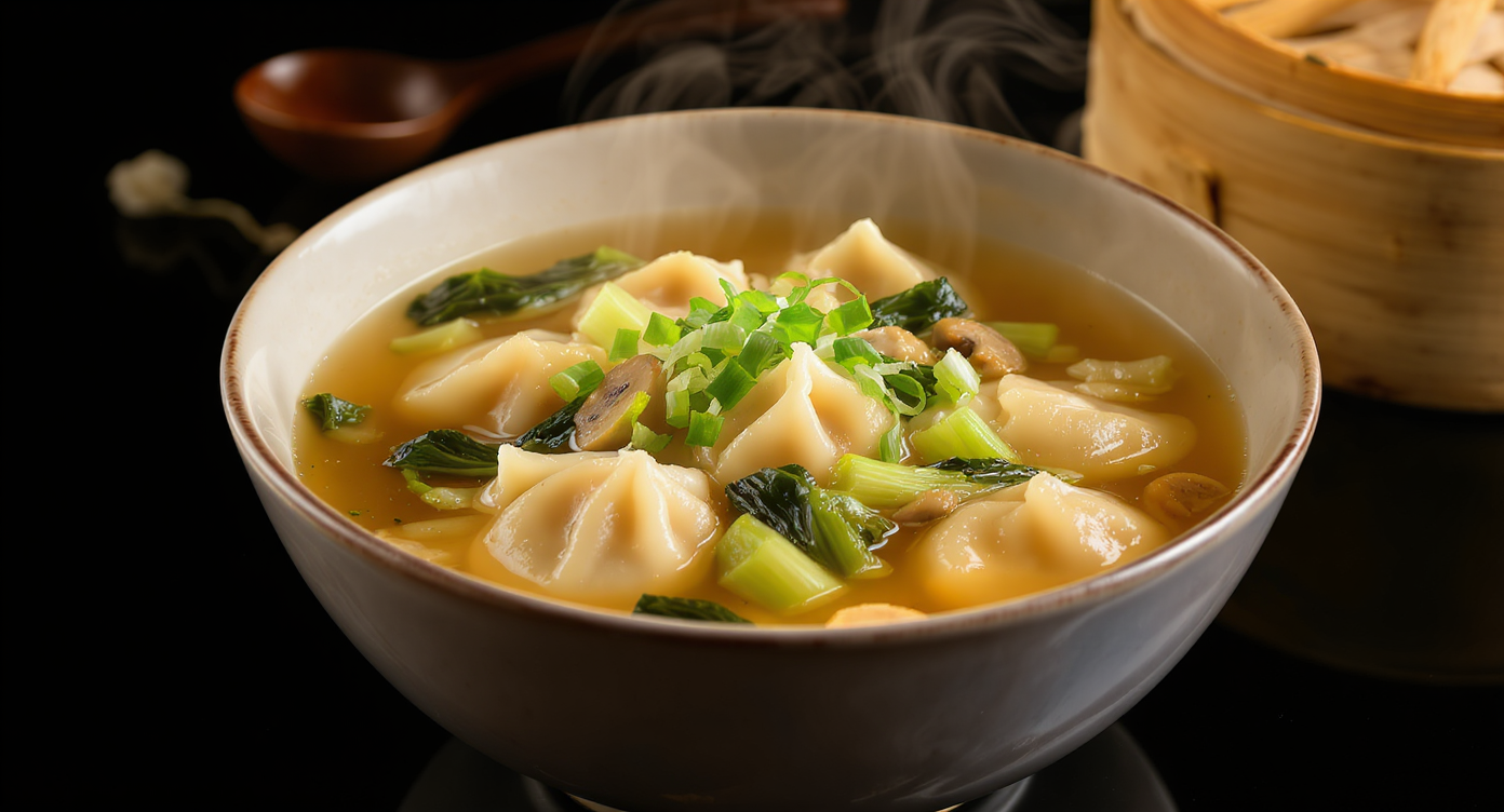 Cantonese Vegetable Dumpling Soup with Ginger Broth