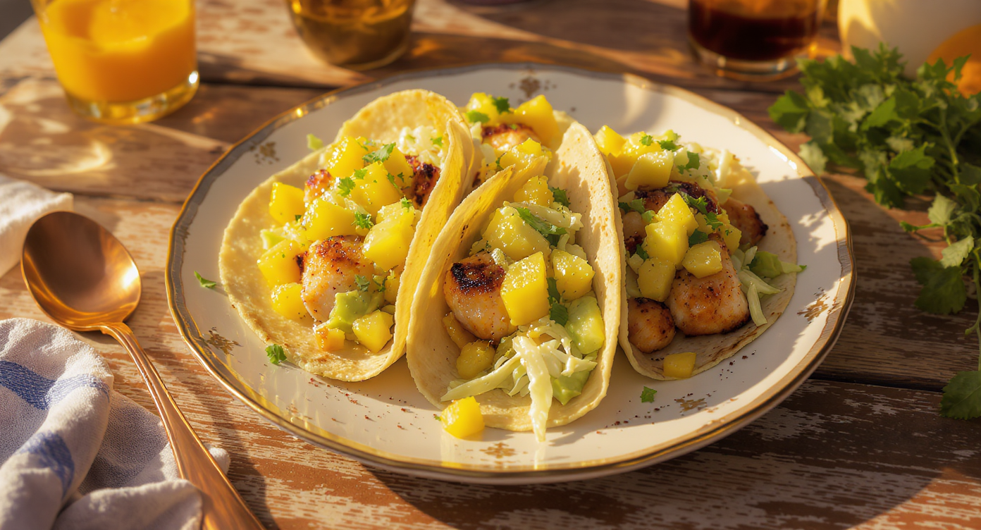 Boogaloo Fish Tacos with Charred Pineapple Salsa & Creamy Avocado Slaw
