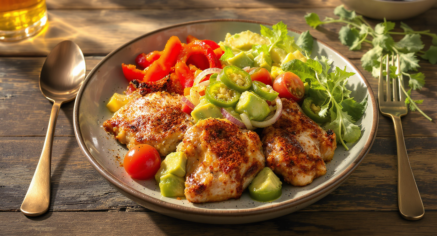 Boogaloo Fusion Skillet: Spicy Latin Soul Chicken with Avocado Salsa