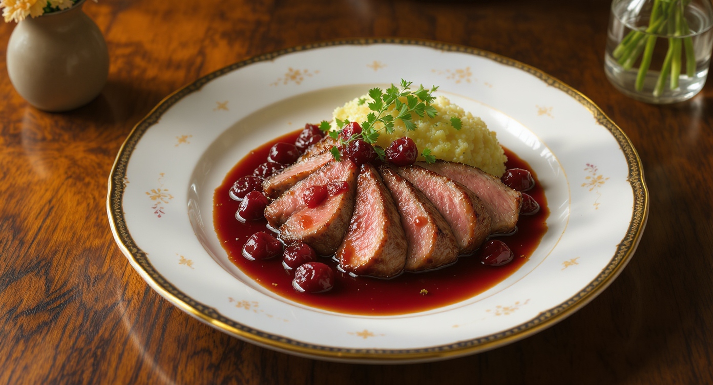Seared Duck Breast with Cherry-Balsamic Reduction and Herbed Polenta