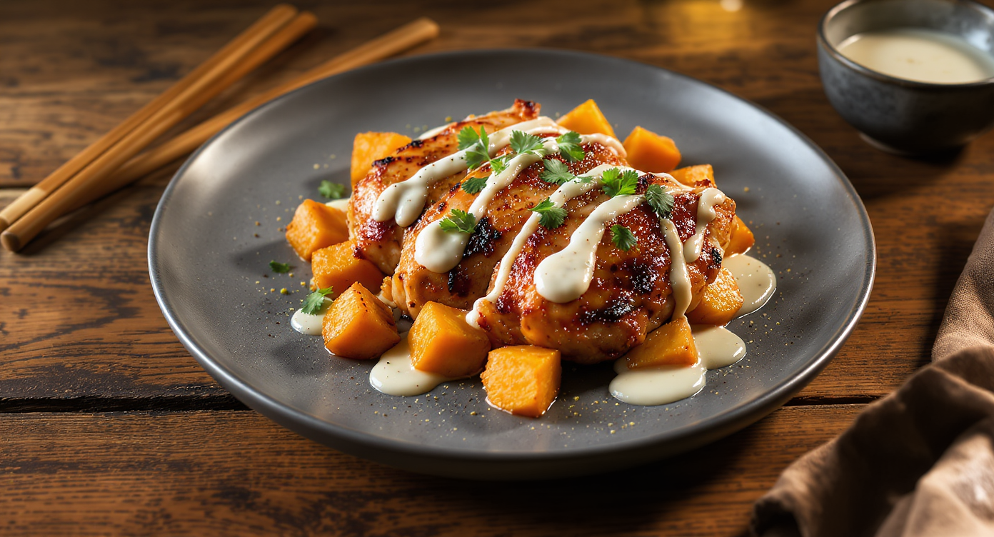 Caramelized Miso-Honey Chicken with Roasted Sweet Potatoes & Yogurt Herb Drizzle