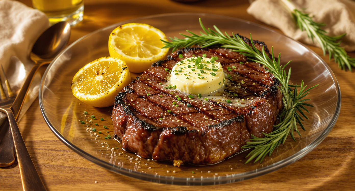 Grilled Ribeye Steak with Charred Lemon and Herb Butter