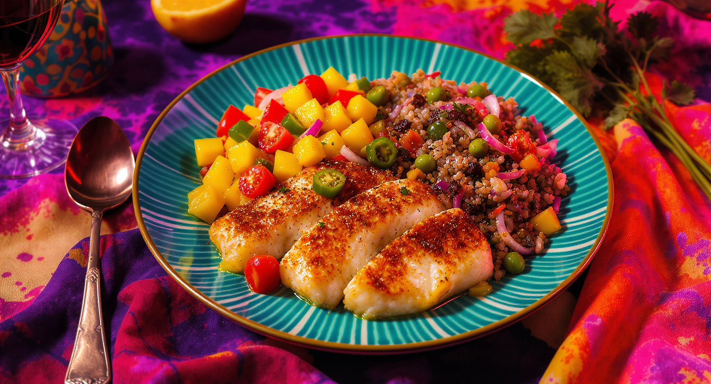 Boogaloo Baked Fish with Psychedelic Summer Salsa & Whole Wheat Communal Pilaf