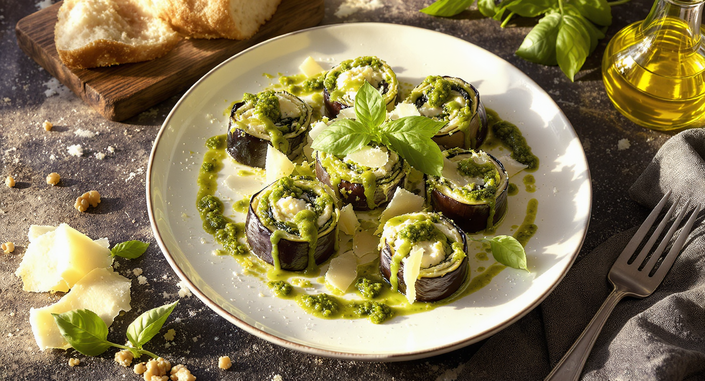 Roasted Eggplant Involtini with Ricotta-Spinach Filling & Walnut-Basil Pesto