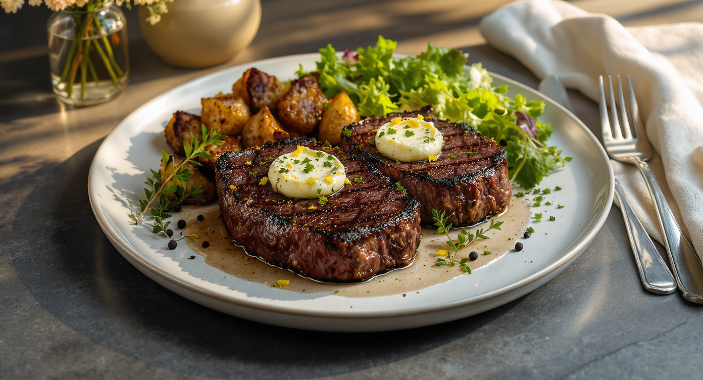Brined & Seared Alberta Striploin with Charred Shallot Herb Butter