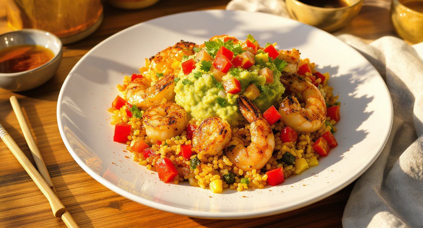 Boogaloo Summer Fusion: Spicy Keto Cauli Rice Paella with Grilled Shrimp & Avocado Salsa