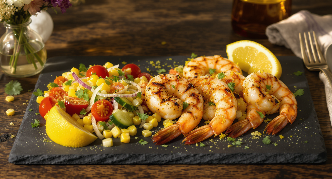 Grilled Lemon-Garlic Shrimp with Summer Corn Salad