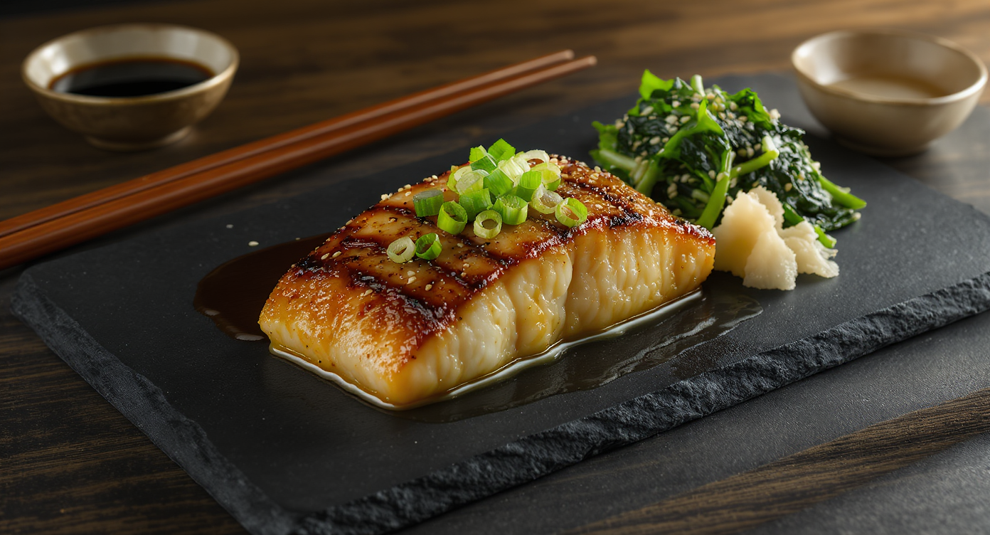 Miso-Butter Broiled Black Cod with Sesame Spinach & Pickled Ginger