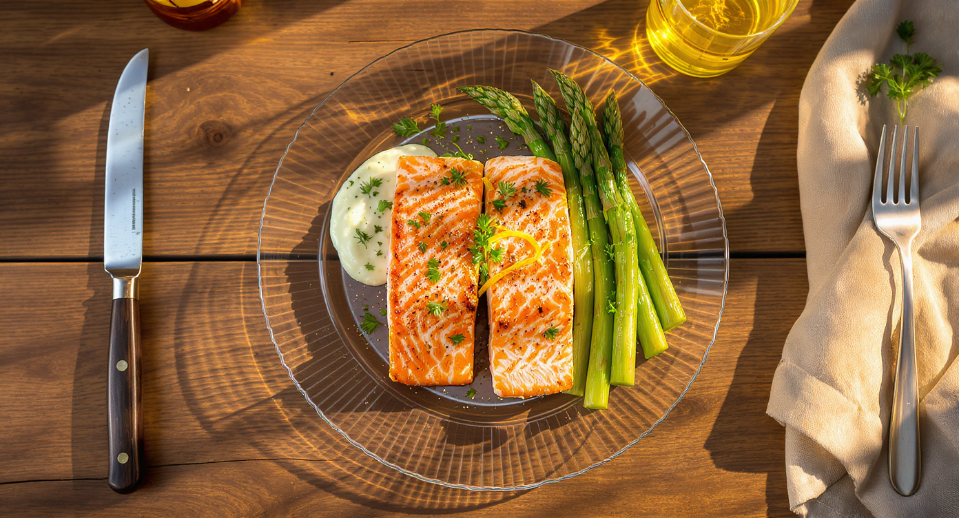 Lemon-Herb Seared Salmon with Roasted Asparagus & Garlic Aioli