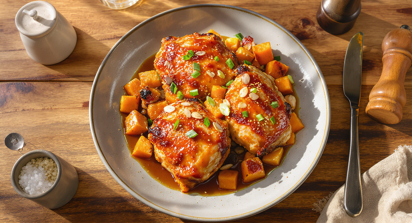 Caramelized Miso-Honey Chicken with Roasted Sweet Potato Crunch