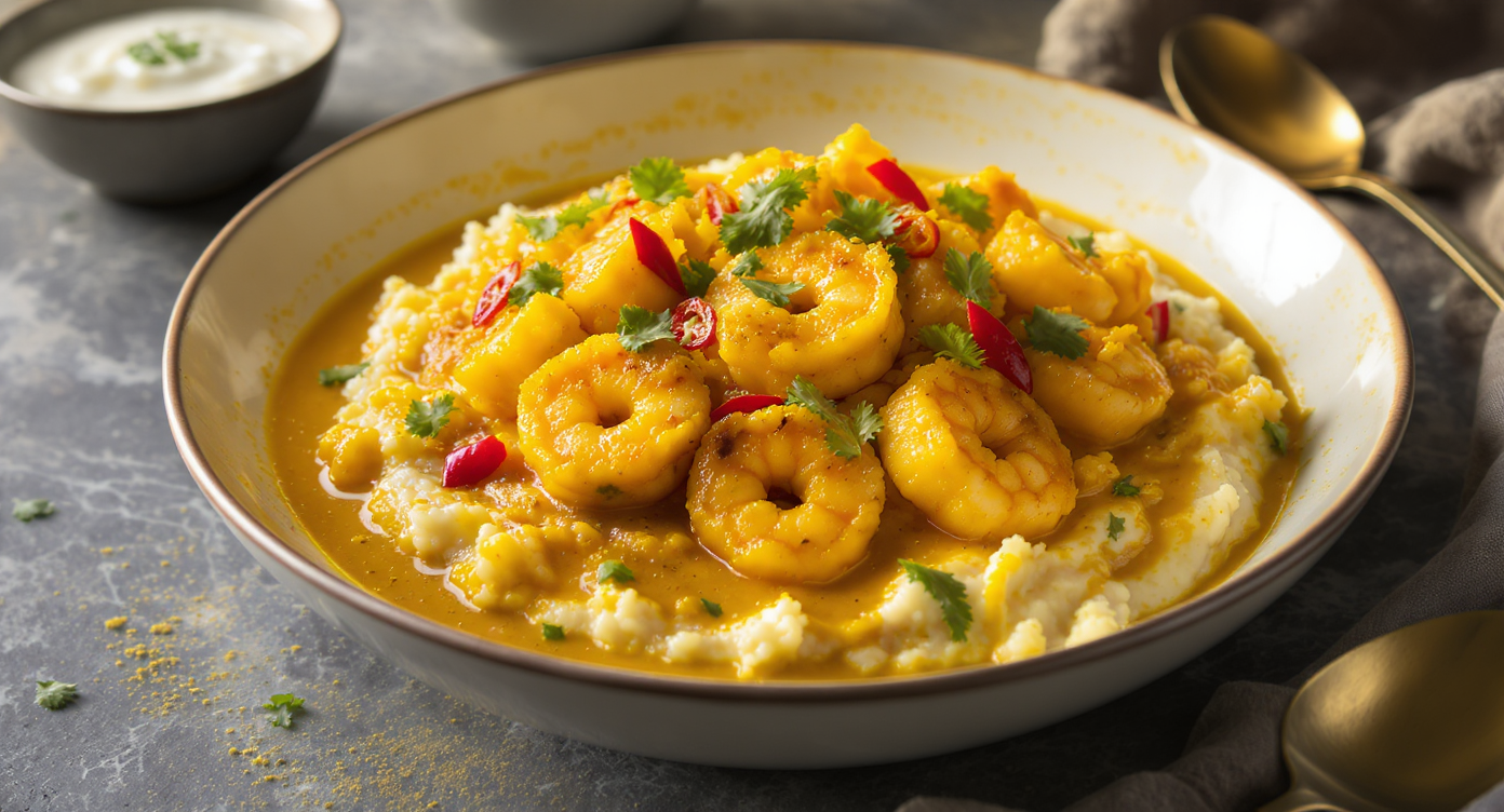 Shrimp Coconut Curry with Turmeric-Cumin Cauliflower Mash