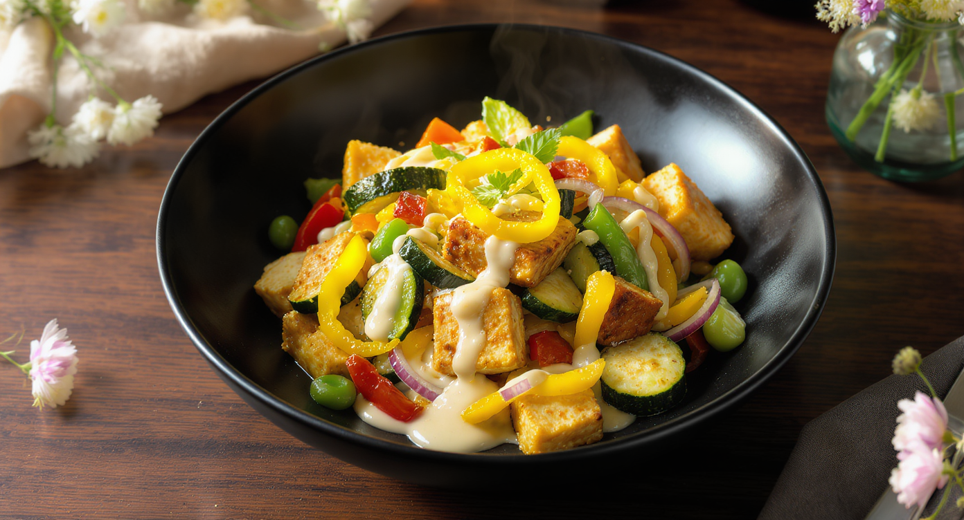 High-Protein Summer Veggie & Tofu Stir-Fry with Lemon-Tahini Sauce