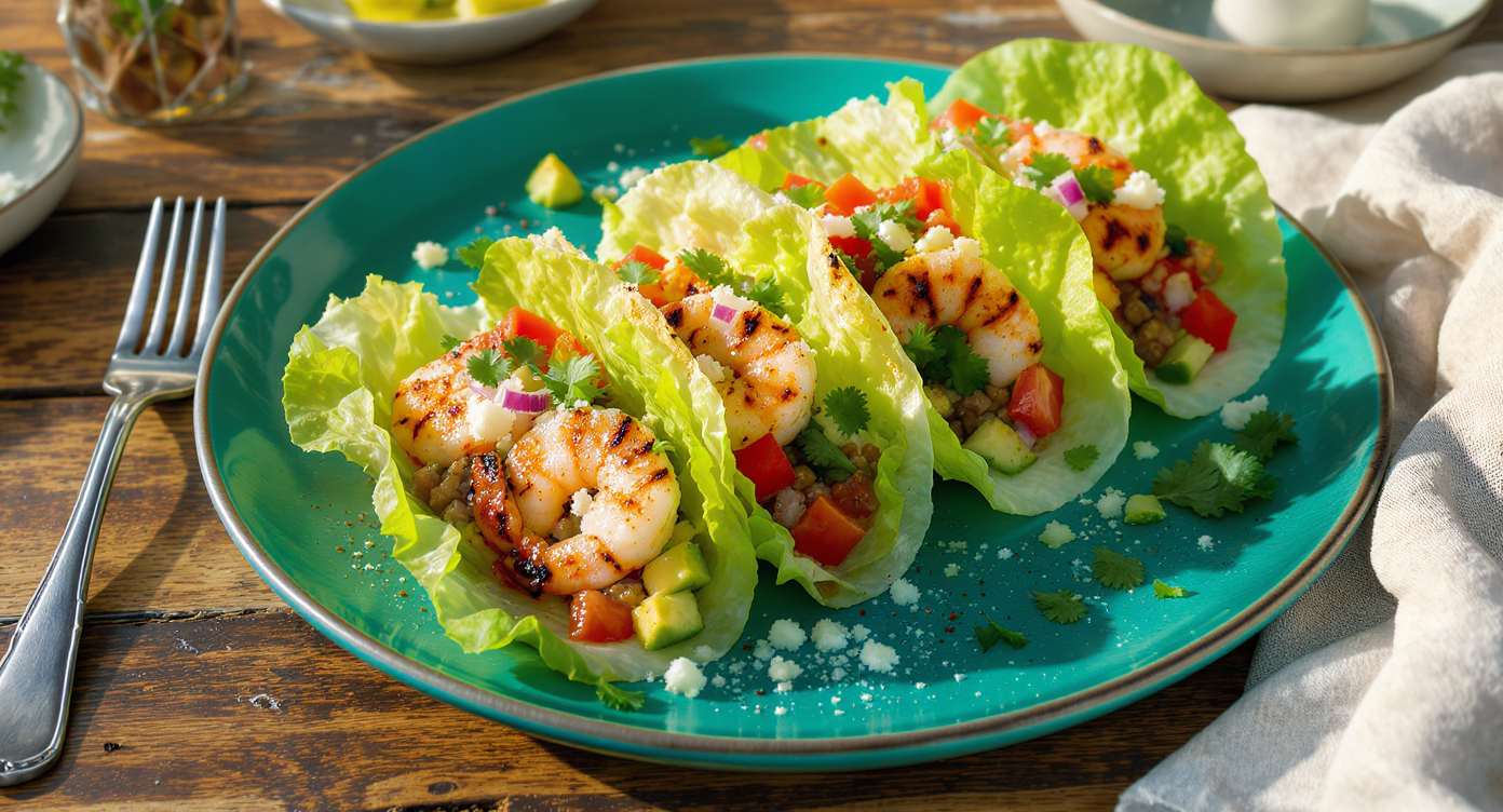 Grilled Shrimp Lettuce Tacos with Roasted Tomatillo Salsa