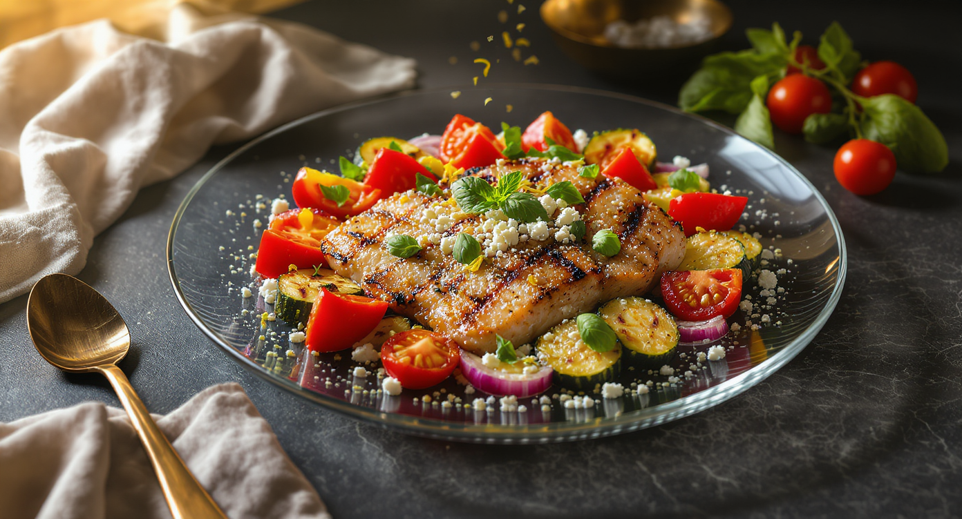Grilled Mediterranean Swordfish with Summer Veggies and Feta