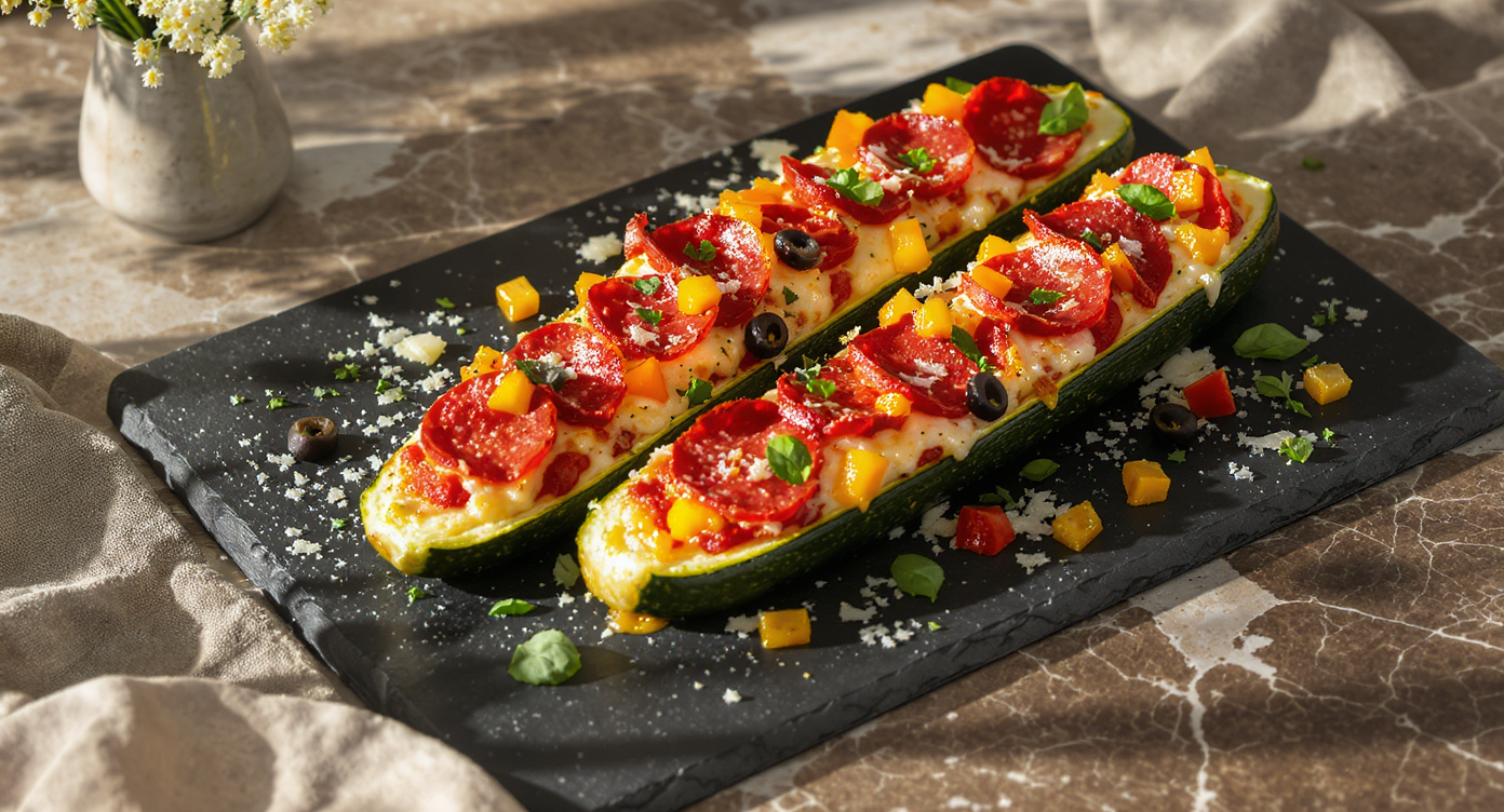 Keto Pizza-Stuffed Zucchini Boats
