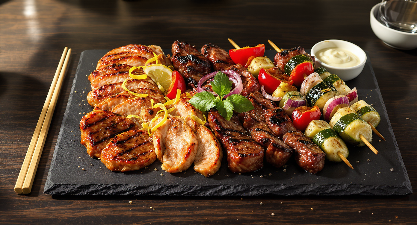 Mixed Grill Platter with Brined Chicken, Pork Tenderloin, and Beef Skewers