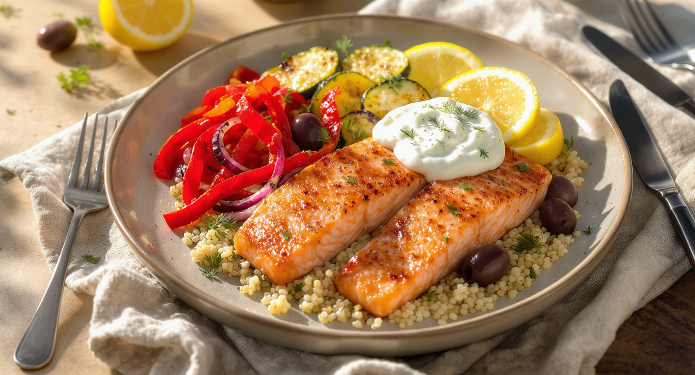 Mediterranean Salmon with Herbed Quinoa, Charred Vegetables & Lemony Yogurt Sauce