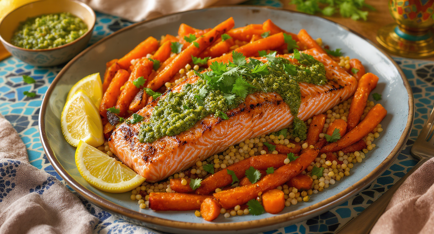 Moroccan-Spiced Roasted Salmon with Chermoula, Roasted Carrots & Pearl Couscous