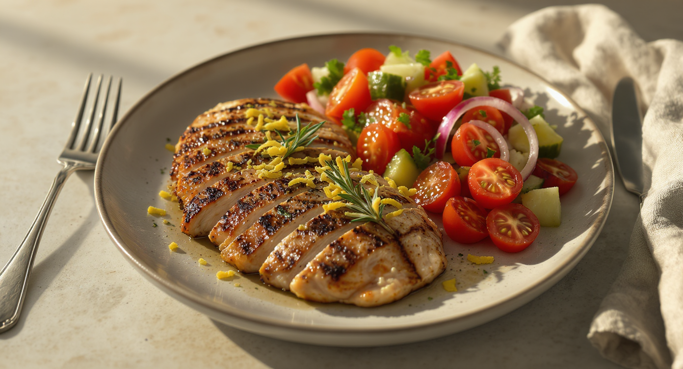 Lemon Rosemary Grilled Chicken with Mediterranean Tomato Salad