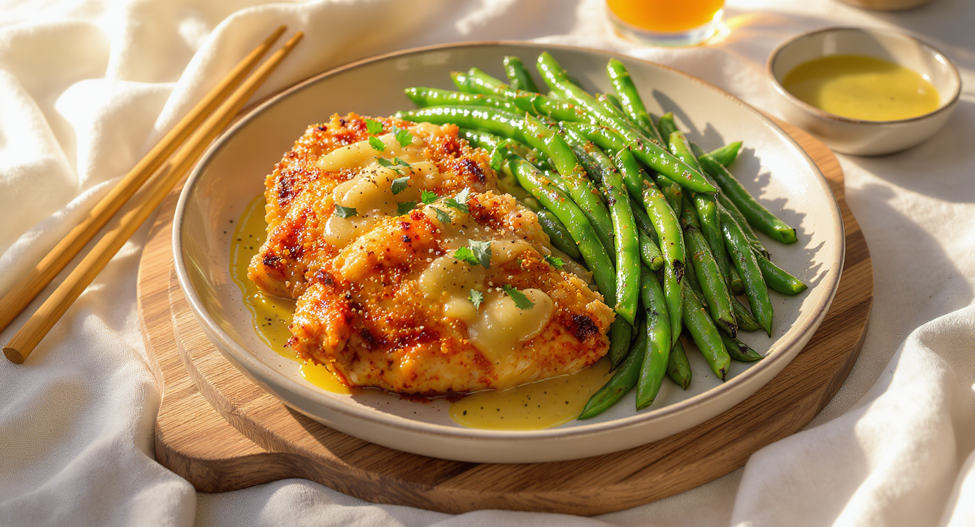 Crispy Chicken and Charred Green Beans with Lemon Herb Vinaigrette