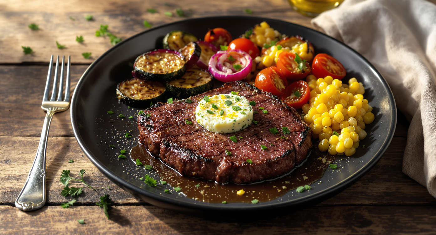 Seared Steak with Herb Butter and Charred Summer Vegetables
