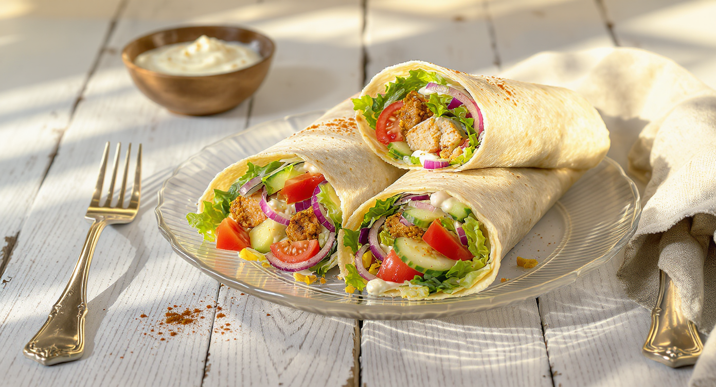 Mediterranean Chicken Wraps with Lemon-Garlic Yogurt Sauce