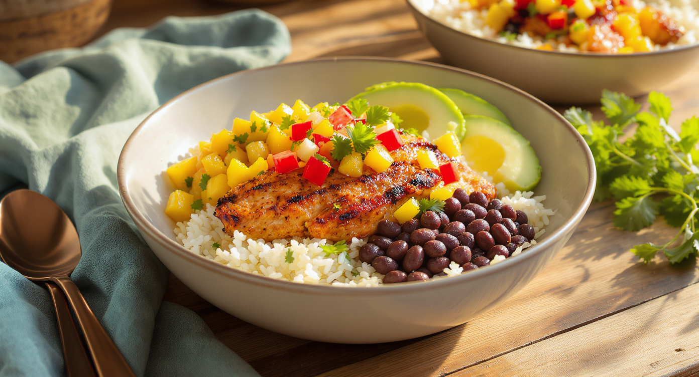 Caribbean Jerk Chicken Bowls with Mango Salsa and Coconut Rice