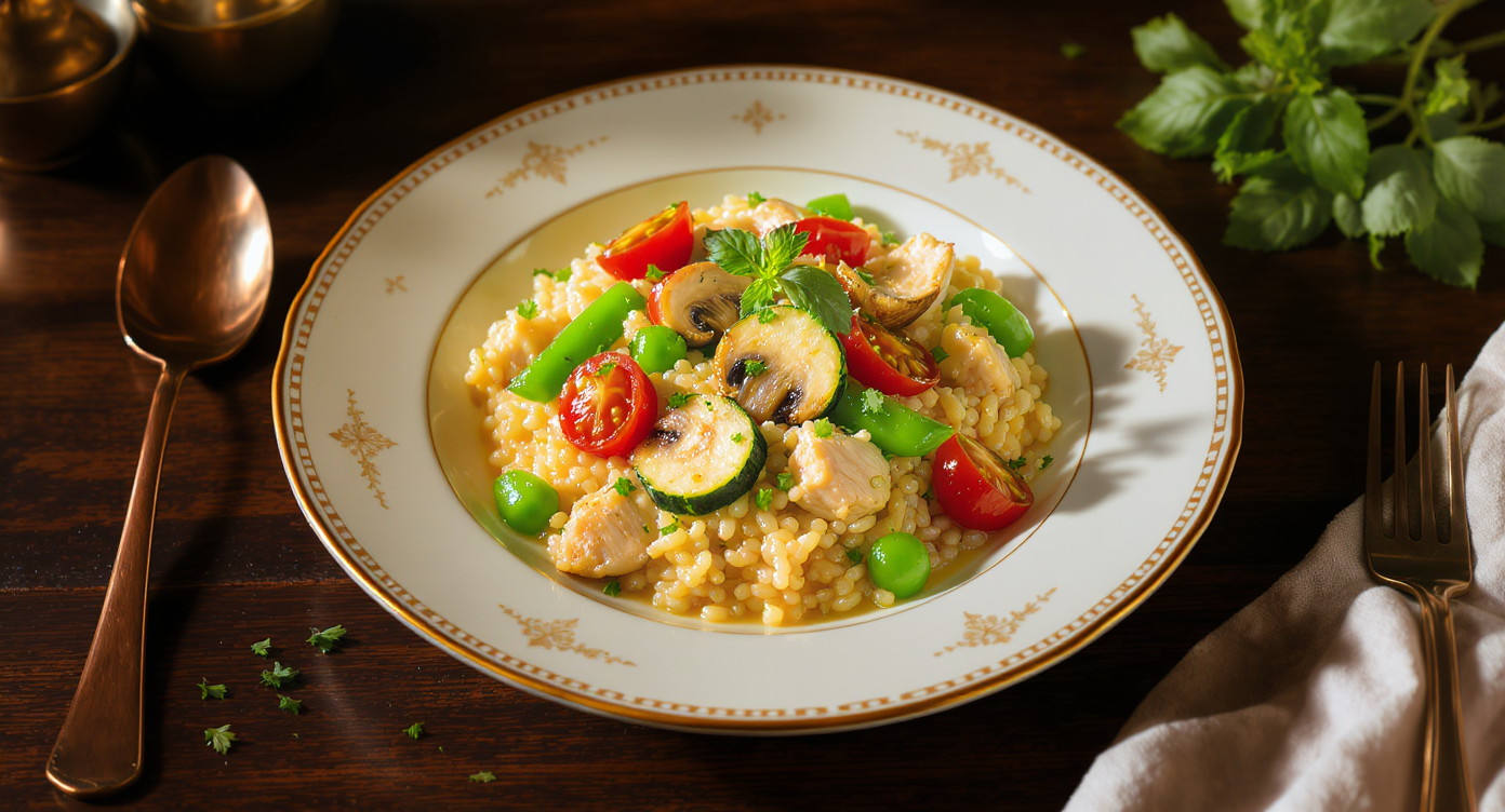 Summer Vegetable & Chicken Risotto with Mushroom Stock
