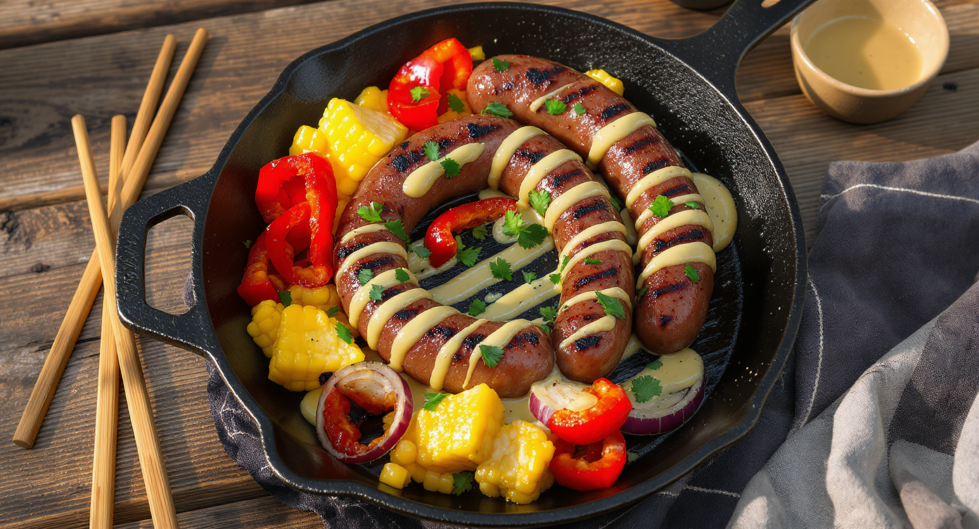Alberta Campfire Smokies with Charred Veggies & Mustard Drizzle