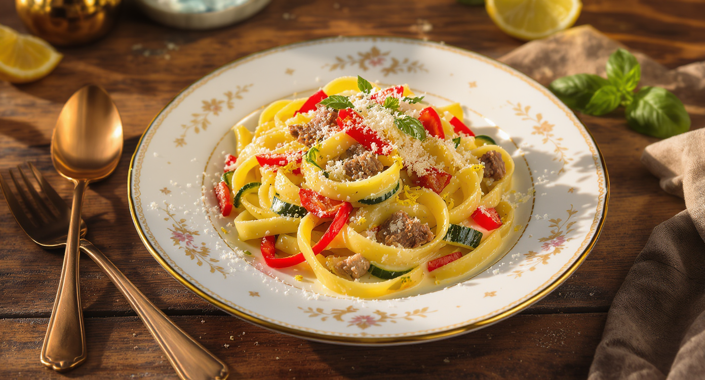 Creamy Chicken and Beef Tagliatelle with Summer Vegetables