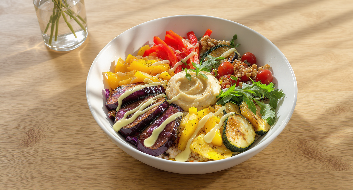 Late-Summer Mediterranean Grain Bowl with Charred Vegetables and Lemon-Tahini Drizzle