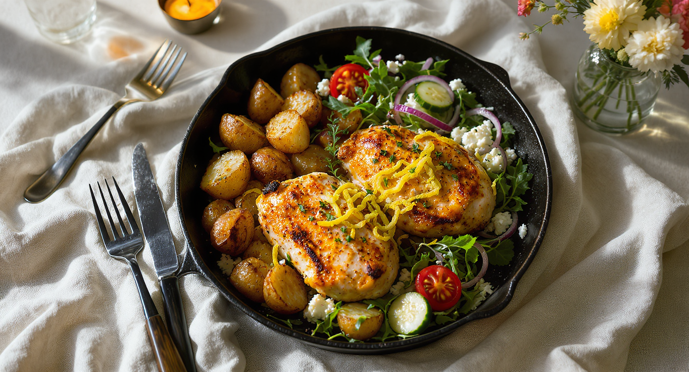 Herbed Lemon Chicken with Crispy Roasted Potatoes & Summer Salad