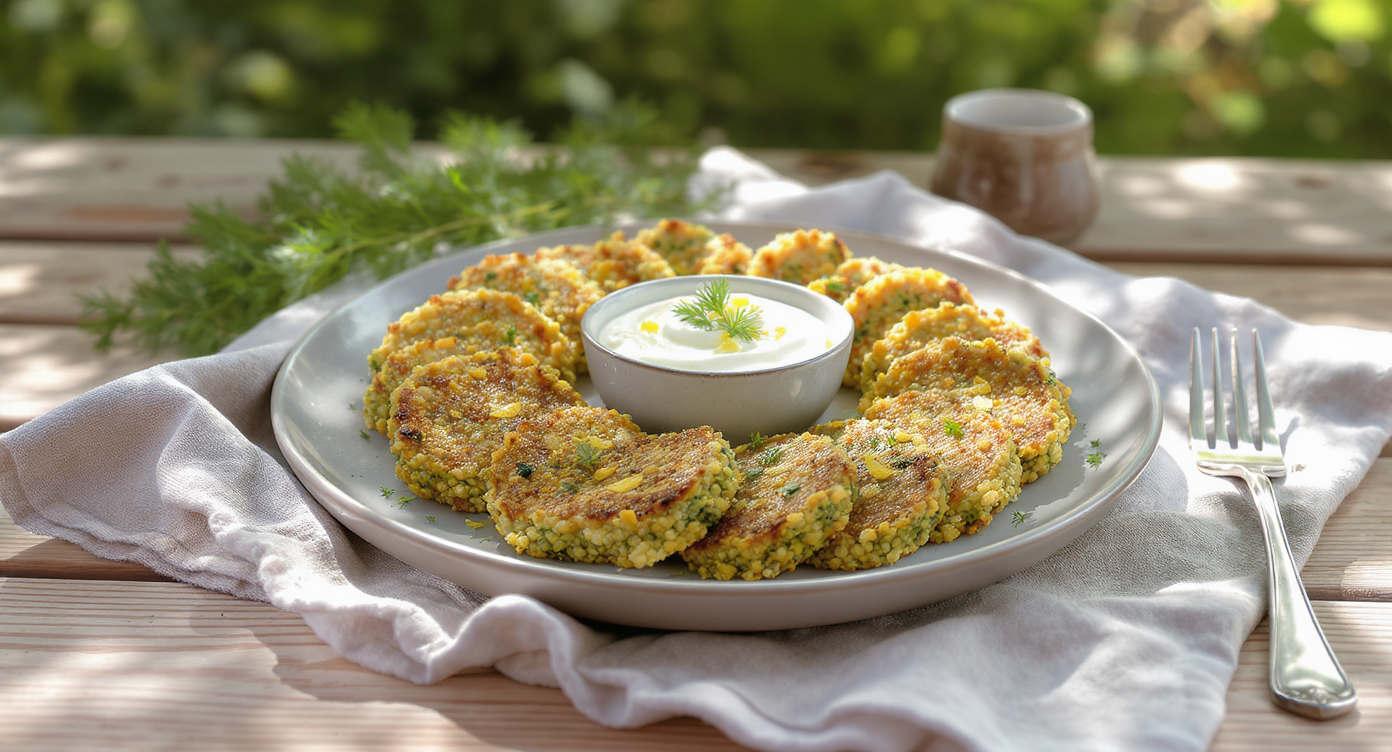 Summery Broccoli & Quinoa Cakes with Lemon Yogurt Dip