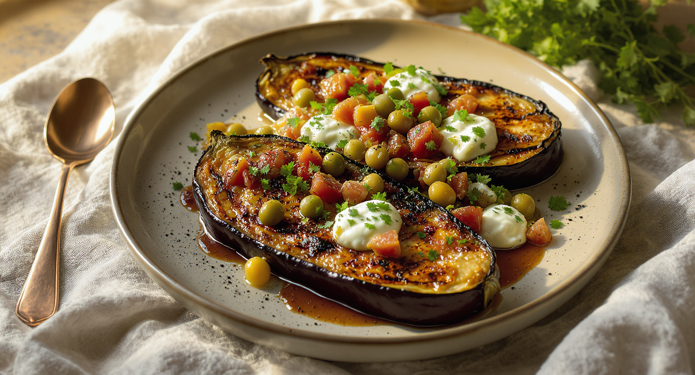 Charred Eggplant with Olive-Caper Salsa and Herbed Yogurt