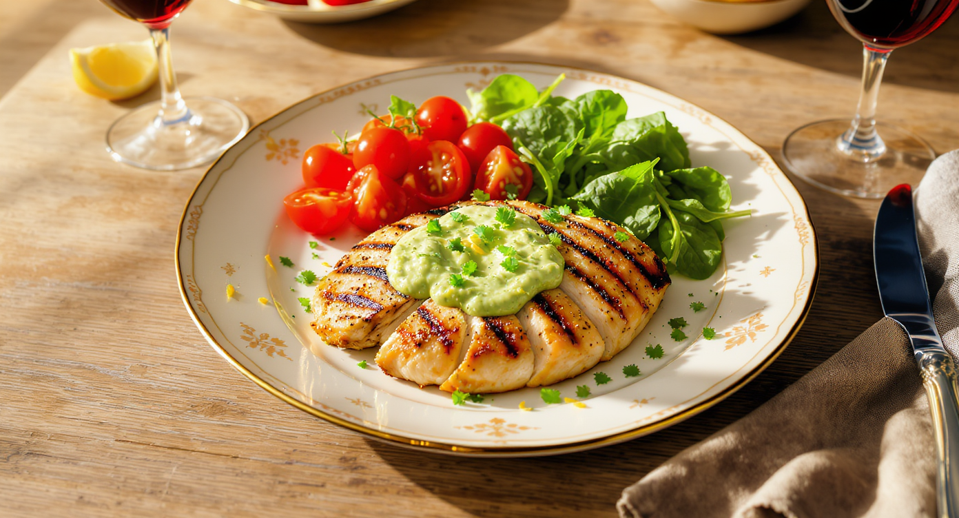 Lemon Herb Grilled Chicken with Creamy Avocado Sauce