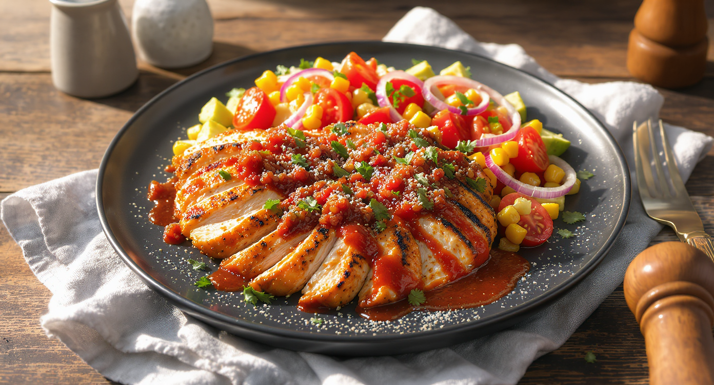 Grilled Chicken with Tomatillo Salsa & Charred Corn-Tomato Salad