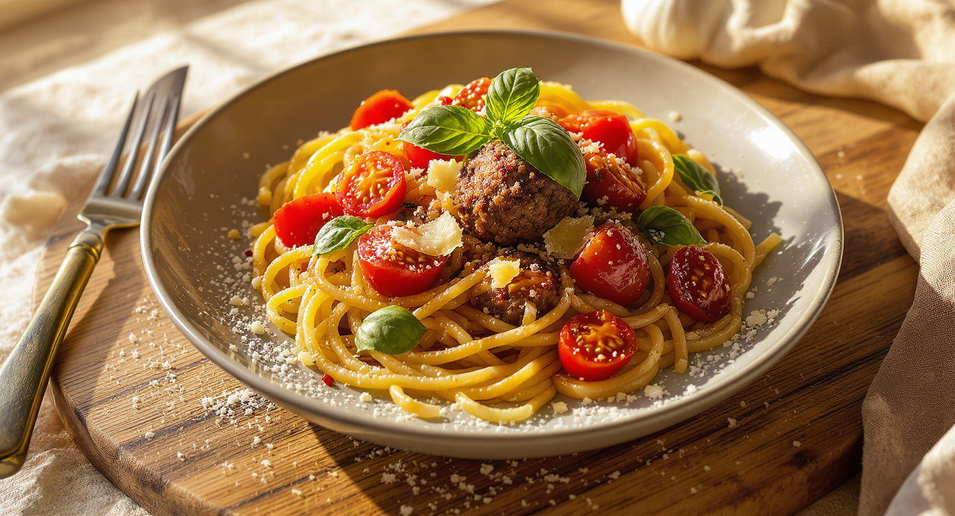 Burst Cherry Tomato & Garlic Meatball Spaghetti