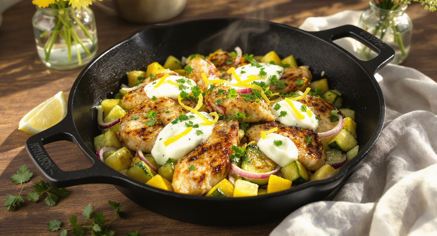 High-Protein Zucchini & Chicken Skillet with Lemon-Herb Yogurt